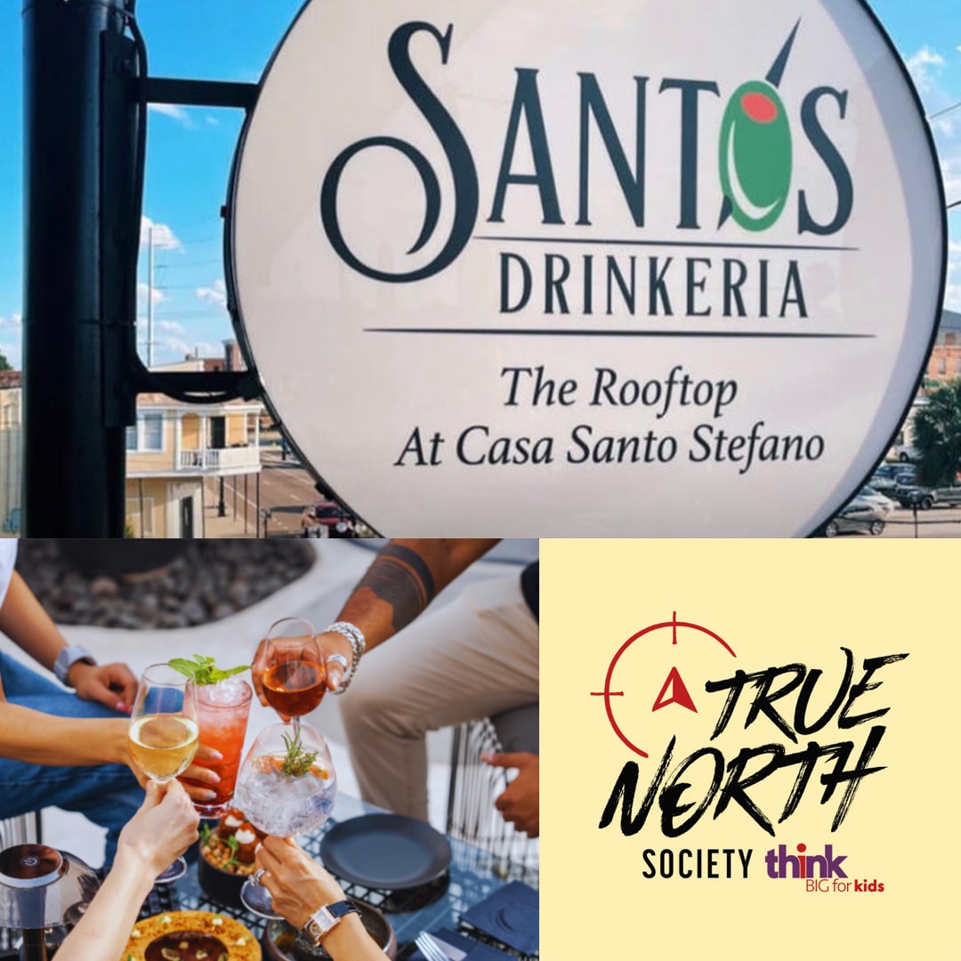 True North Society happy hour at Santos Drinkeria rooftop with people toasting drinks, supporting Think Big for Kids